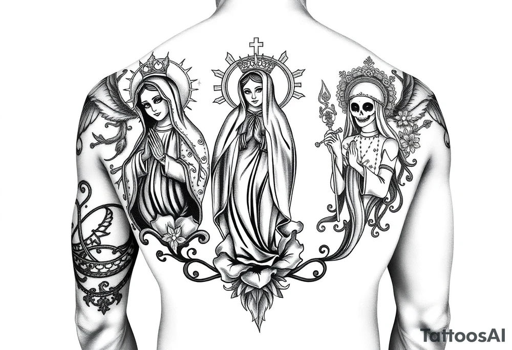 “SOUTHEND” upper back from shoulder blade to shoulder blade with mexican theme Guadalupe and Santa Muerte tattoo idea