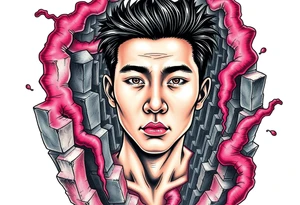 Handsome Asian young guy lost in a scary labyrinth tattoo idea