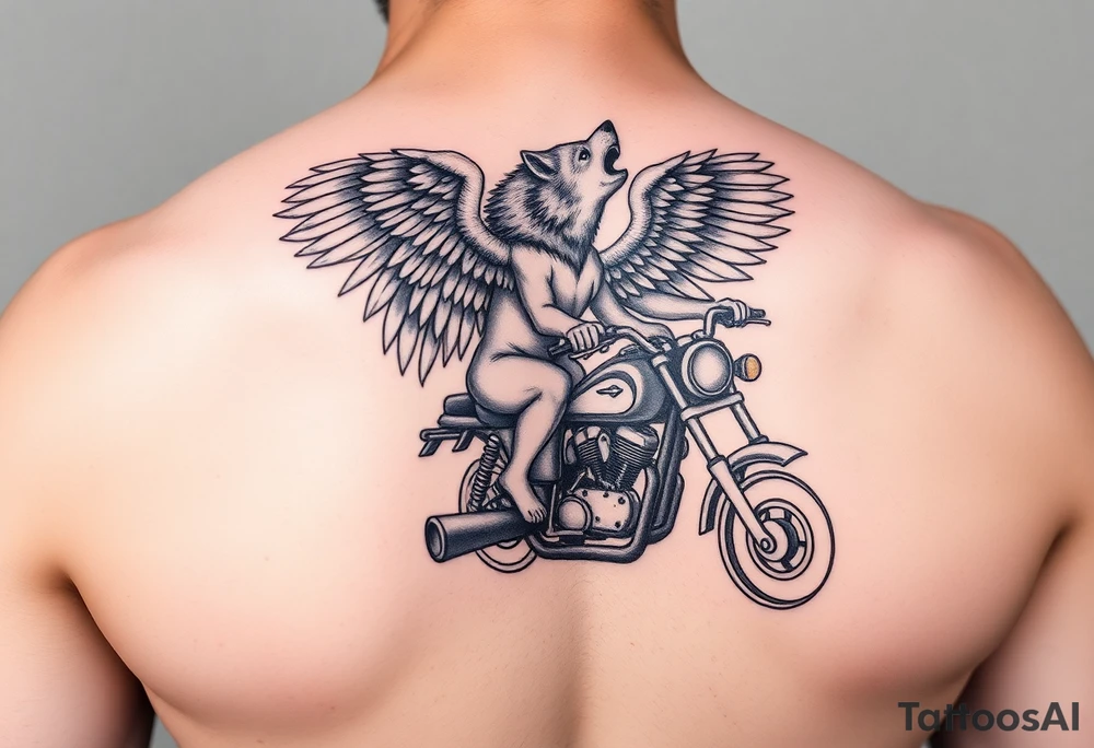 guardian angel wolf on a motorcycle tattoo idea