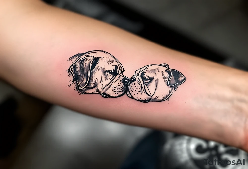 a golden retriever dog and an English bulldog, lying on their sides, head to head, foreheads touching, the golden retriever's head is larger than bulldog's tattoo idea