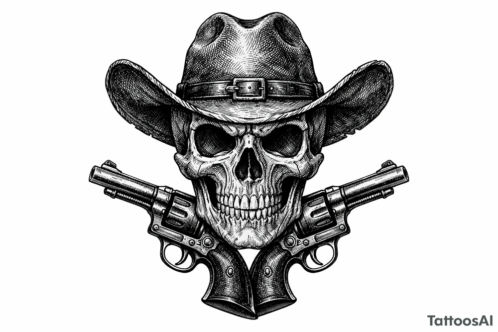 Victorian-era engraved skull, cowboy hat, two revolvers flanking its chin. tattoo idea
