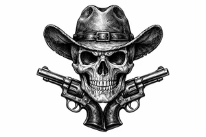 Victorian-era engraved skull, cowboy hat, two revolvers flanking its chin. tattoo idea
