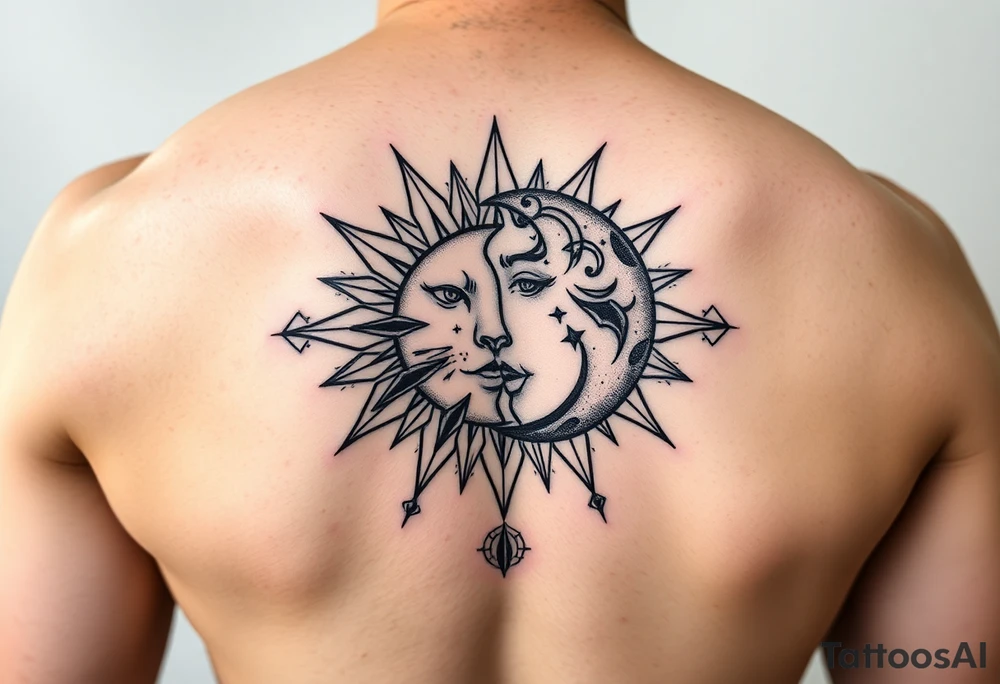 celestial sun and moon embrace with panther constellation patterns tattoo idea