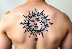 celestial sun and moon embrace with panther constellation patterns tattoo idea