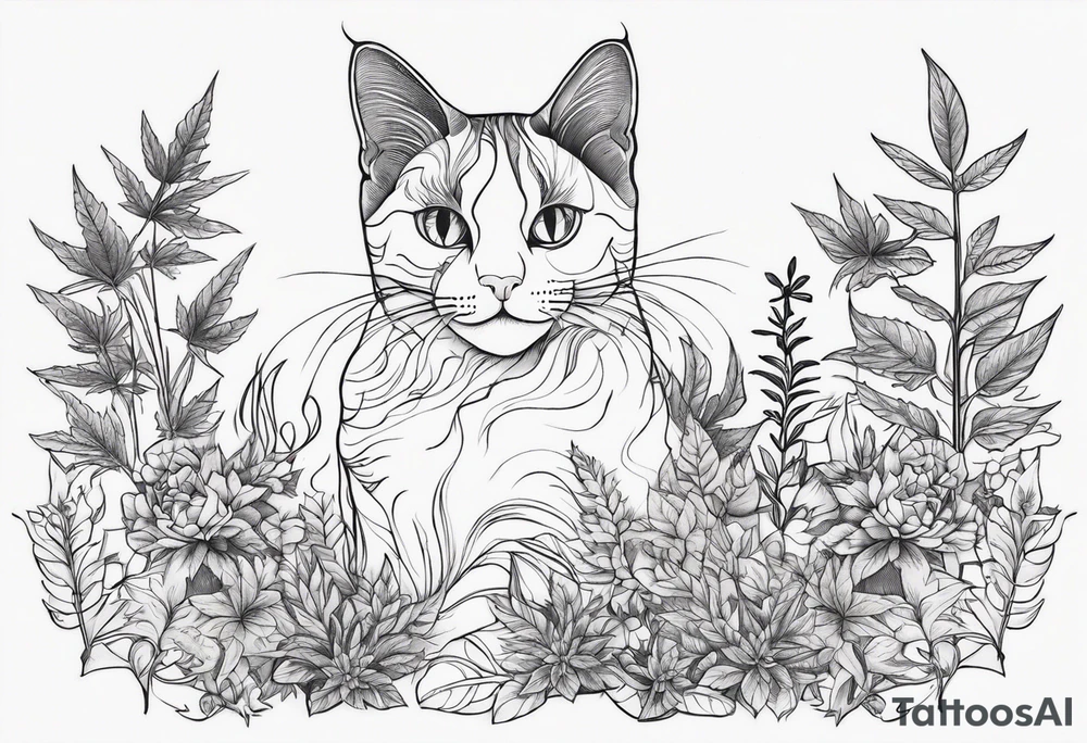 Cats and weed but in fine line and very detailed work tattoo idea