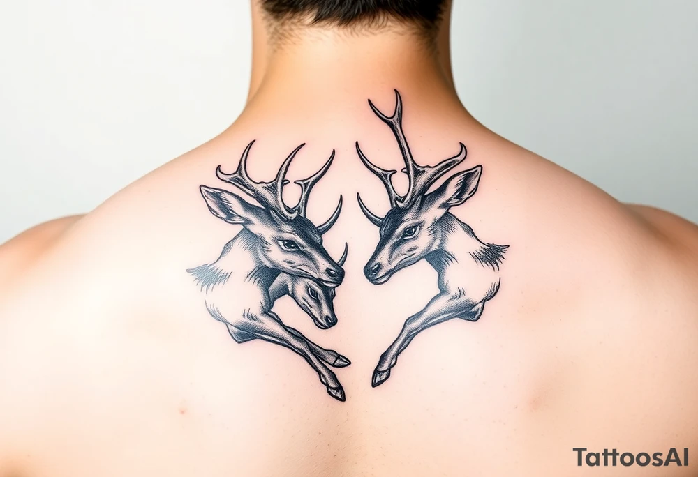 Two deer fighting with intertwined antlers tattoo idea