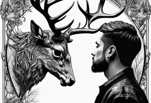 A side profile of a human with a deer skull head, forest fire tattoo idea