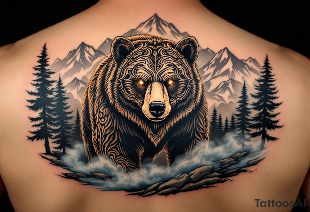A powerful, majestic bear tattoo with a deep black and brown color palette. The bear is depicted in a standing position, symbolizing strength and protection, with intricate tribal patterns subtly etched along its body, representing its spiritual connection to the earth. The bear’s eyes glow soft golden to represent wisdom and insight. Around the bear, mountain peaks and pine trees form a natural, serene backdrop, while delicate blue mist rises from the ground, tattoo idea