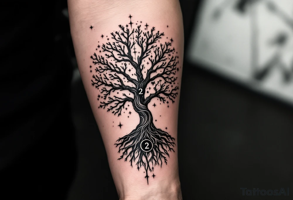 mystical tree of life with cosmic roots and celestial branches with the number 2 incorperated on the outer forearm tattoo idea