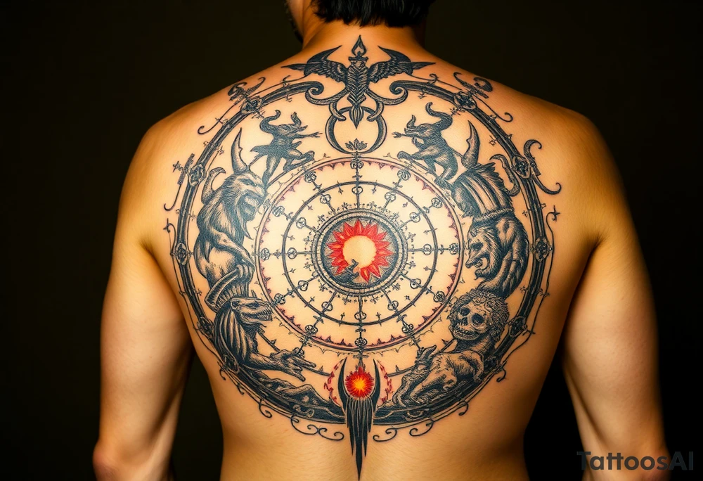 Dante 9 circles of hell full back tattoo

Limbo: Virtuous unbaptised souls wander in a melancholic, castle-like realm without torment.
Lust: Sinners are tossed eternally in violent storms symbolizing uncontrolled passions.
Gluttony: Souls lie in filthy slush under ceaseless rain, guarded by Cerberus.
Greed: Hoarders and spendthrifts push boulders against each other in futile conflict.
Anger: Wrathful fight on the surface of the Styx; sullen gurgle below in the mud.
Heresy: Heretics burn in flaming tombs for denying immortality.
Violence: Divided into sub-rings for violence against others, self, and nature (e.g., boiling blood, harpies).
Fraud: Ten ditches (bolge) for various deceivers, tormented by demons, serpents, and diseases.
Treachery: Traitors frozen in ice, with Satan at the center chewing the worst betrayers. tattoo idea