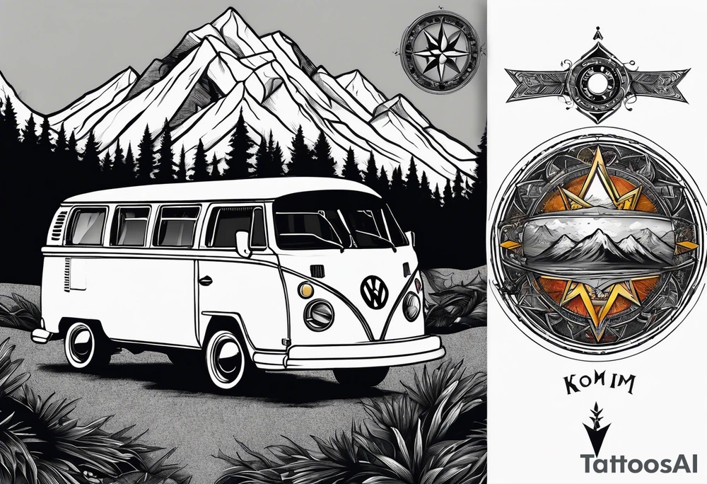 directional Compass rose, mountains and VW Komi campervan tattoo idea
