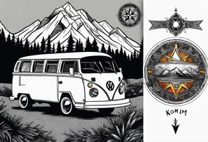 directional Compass rose, mountains and VW Komi campervan tattoo idea