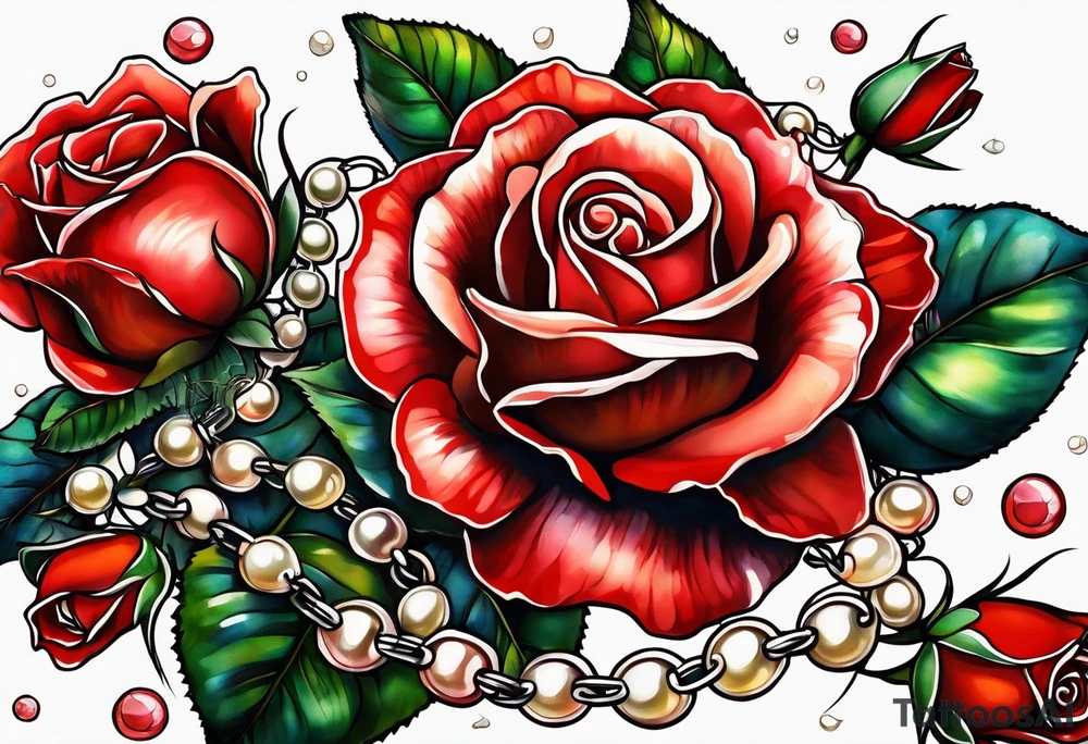 Red roses with a chain made of pearls and seashells tattoo idea