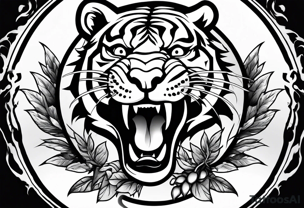 Fierce tigger growling with leaves and smoke around the image tattoo idea