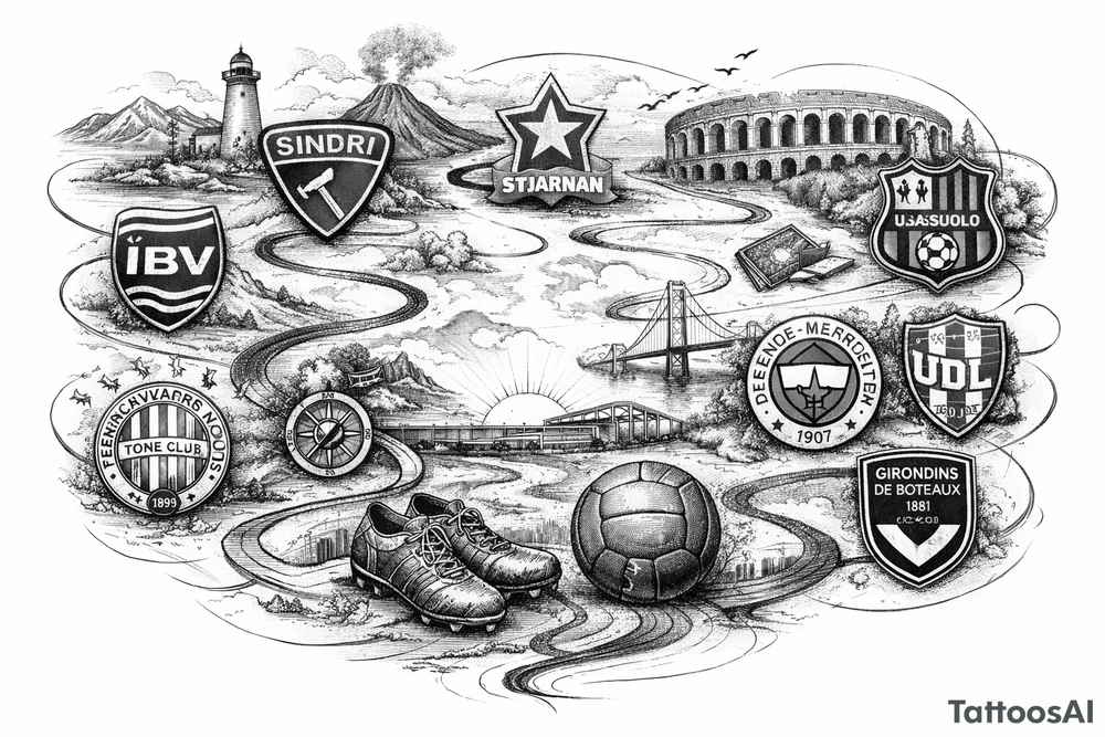 Iceland x3 (sindri, ibv, stjarnan) Italy x2 (Verona, Sassuolo) Spain (Logrono) Turkey x2 (Fenerbahce, Besiktas) Hungary (Fradi) France (Bordeaux) Something to do with football journey, Fine line surreal style tattoo idea
