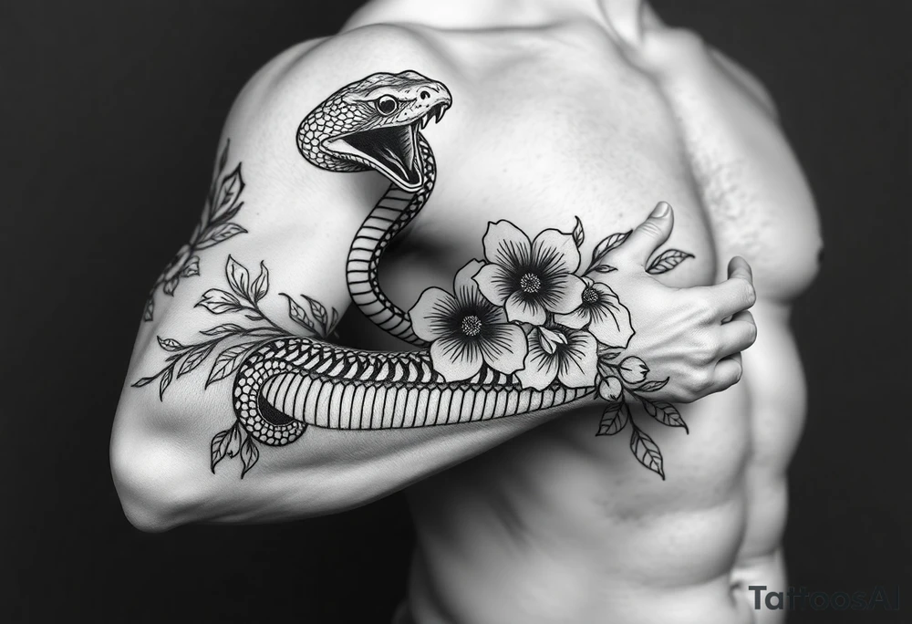 snake with flowers tattoo idea