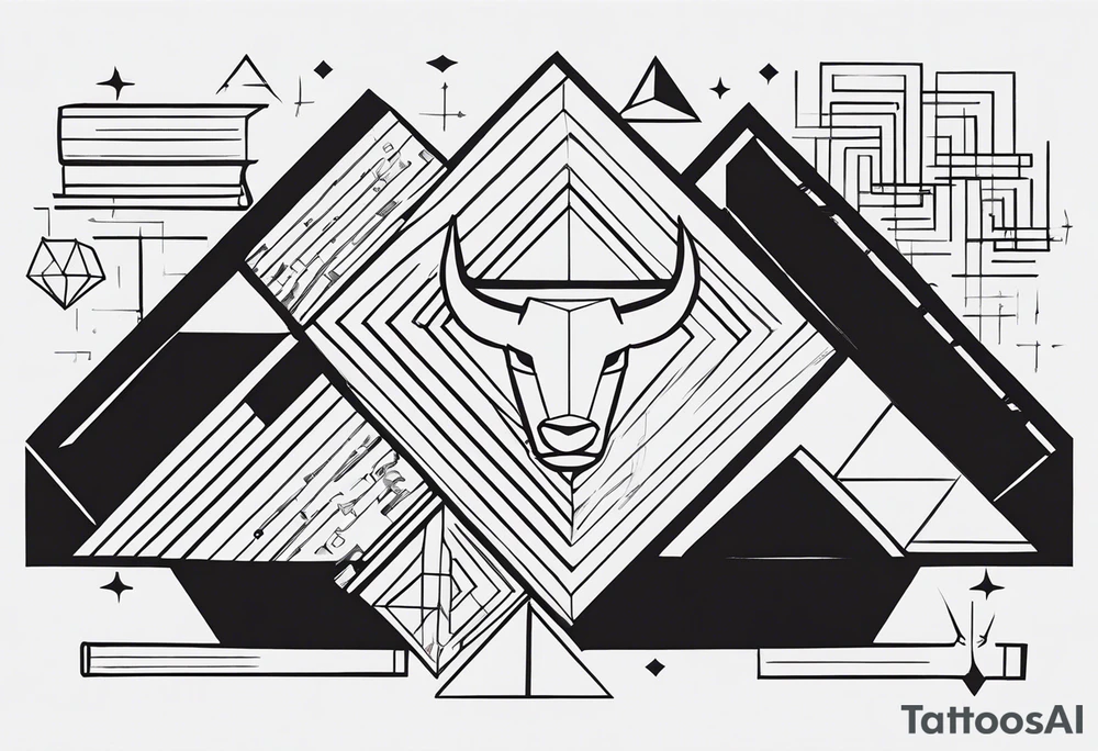 Words: Courage, determination, patience, focus, resilience. Image: Face of a geometric eagle, a bull and a bear faces divided by the financial market dump and pump graphics, symbols of intelligence interconnected with books and studies representing the search for knowledge as a person guided by humanity and human philosophy. tattoo idea
