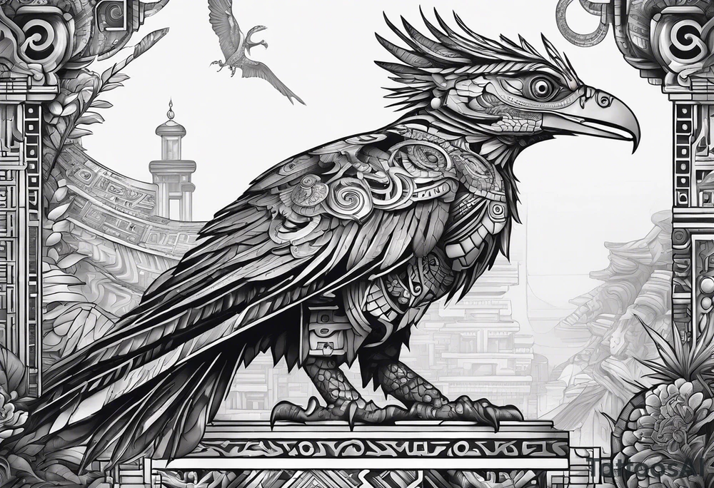 cyberpunk Mayan Quetzal bird/dinosaur that is narrow and has neurons coming from the bottom. tattoo idea