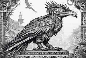 cyberpunk Mayan Quetzal bird/dinosaur that is narrow and has neurons coming from the bottom. tattoo idea