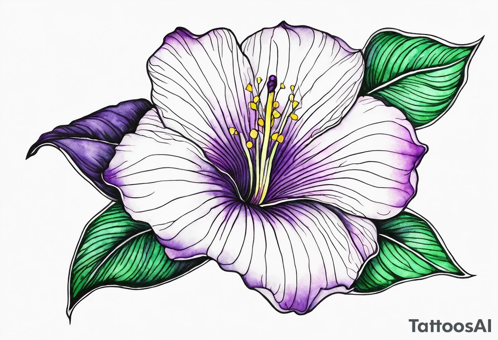 An outline of a rio dipladenia flower with a green and purple watercolor background tattoo idea