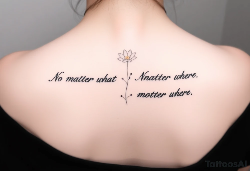 A delicate cursive tattoo with the quote ‘No matter what’ (for one person) and ‘No matter where’ (for the other), placed along the collarbone. At the end of each quote, incorporate a soft, feminine flower design — such as a small lotus, daisy, or wildflower — that flows naturally from the end of the text, as if the flower is part of the lettering or subtly blooming from the last word.

Design should feel light, elegant, and symbolic of connection and unconditional love between mother and daughter. Style should be fine line or single-needle, black ink only, minimalistic and graceful. tattoo idea