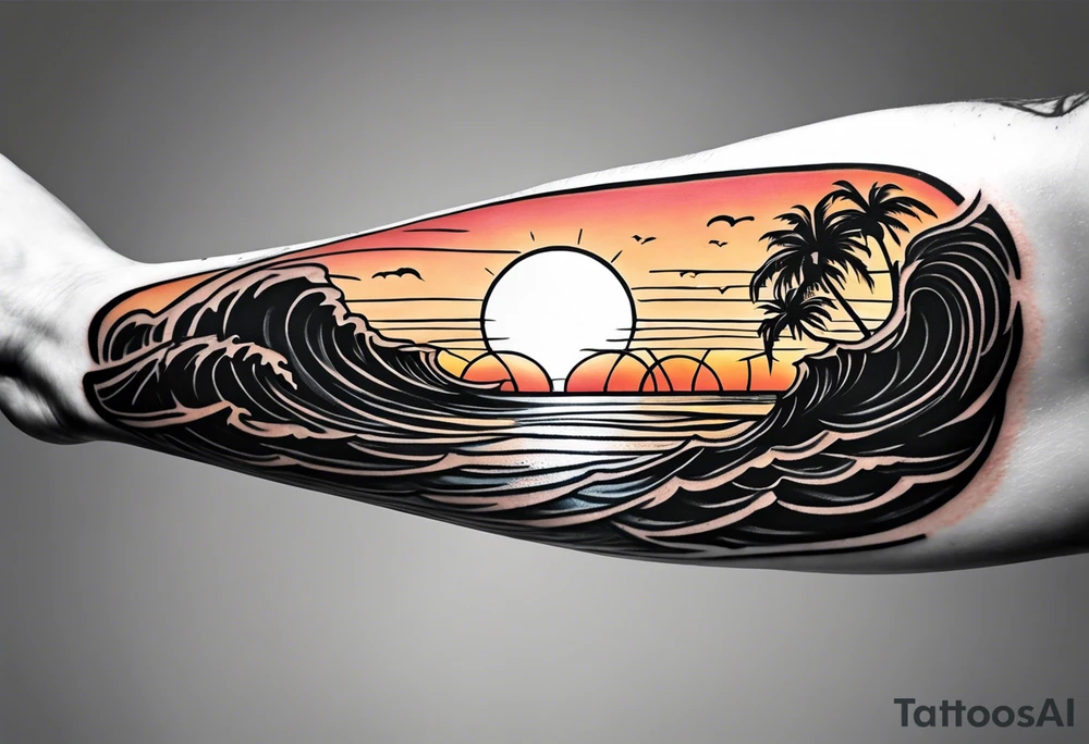 Tattoo on forearm from the perspective of being on the ocean at sunset. Water is calm, with no waves, the sun is setting behind the ocean, reflecting light onto the ocean. tattoo idea
