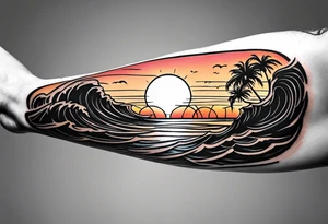 Tattoo on forearm from the perspective of being on the ocean at sunset. Water is calm, with no waves, the sun is setting behind the ocean, reflecting light onto the ocean. tattoo idea