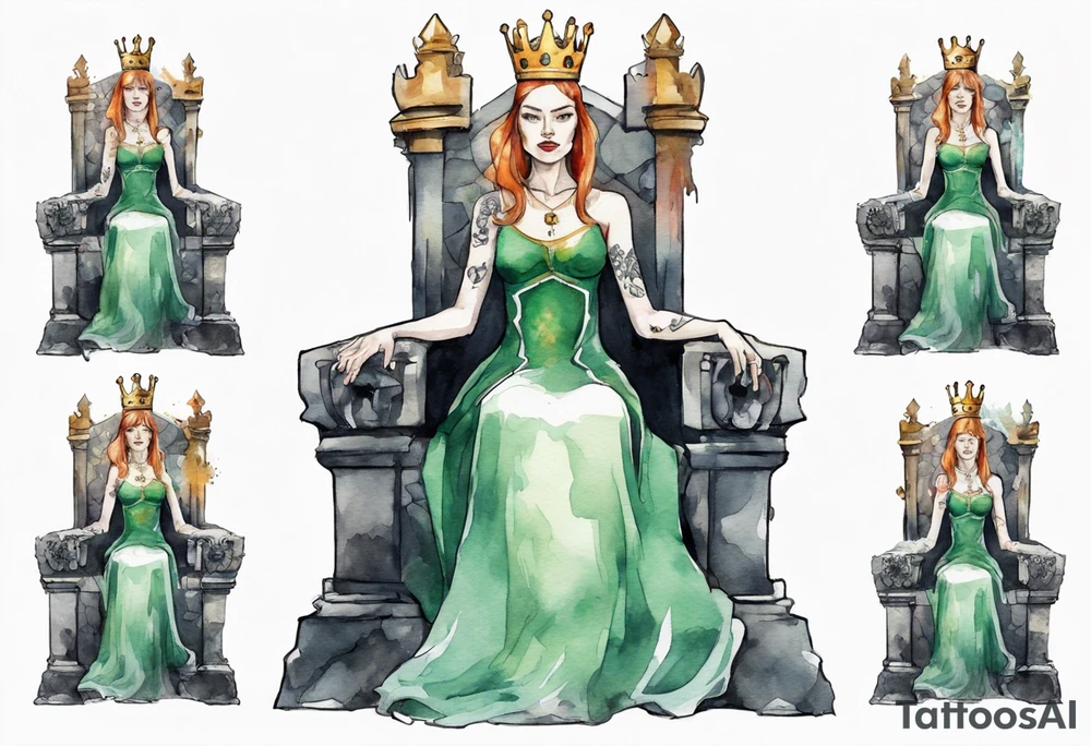 an Irish queen wearing a simple iron crown sitting on a stone throne tattoo idea