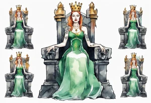 an Irish queen wearing a simple iron crown sitting on a stone throne tattoo idea