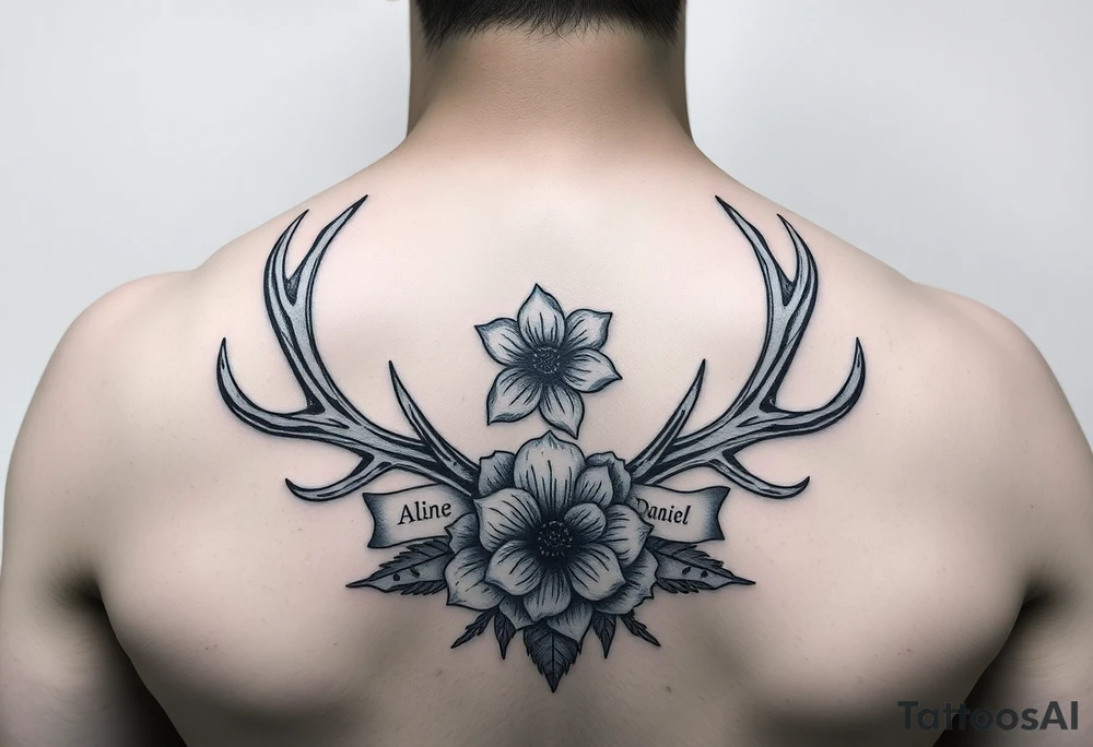 Deer antlers with flower and name Aline ,Samuel,Daniel tattoo idea