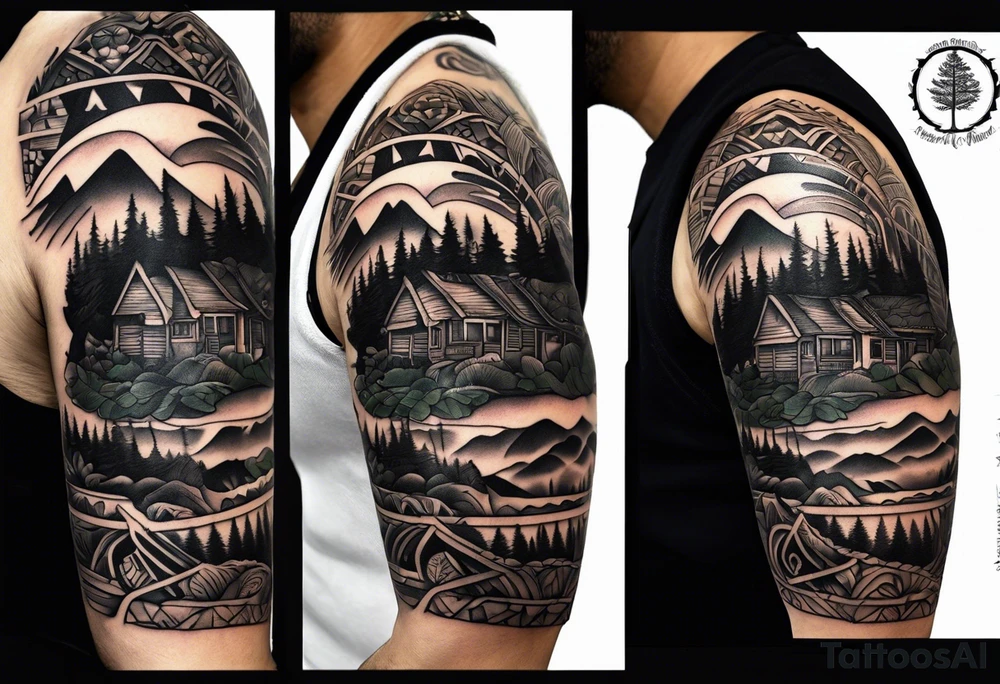 Mexican American inspired Tattoo that incorporates being a father,  love for family and importance of building wealth. Include elements of the Pacific Northwest Forrest on shoulder tattoo idea