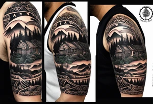 Mexican American inspired Tattoo that incorporates being a father,  love for family and importance of building wealth. Include elements of the Pacific Northwest Forrest on shoulder tattoo idea
