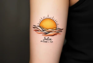 Minimalist sun rising above the name "Julie – 29.3.2020 v 7:07", done in golden ochre and terracotta tones. tattoo idea