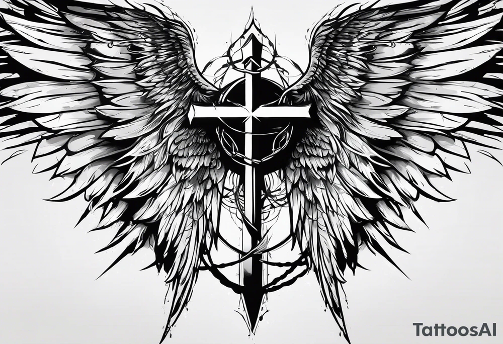 I need a tattoo in minimalism, the main element will be a cross, which should have angel wings, and barbed wire runs from top to bottom along the cross tattoo idea