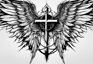 I need a tattoo in minimalism, the main element will be a cross, which should have angel wings, and barbed wire runs from top to bottom along the cross tattoo idea