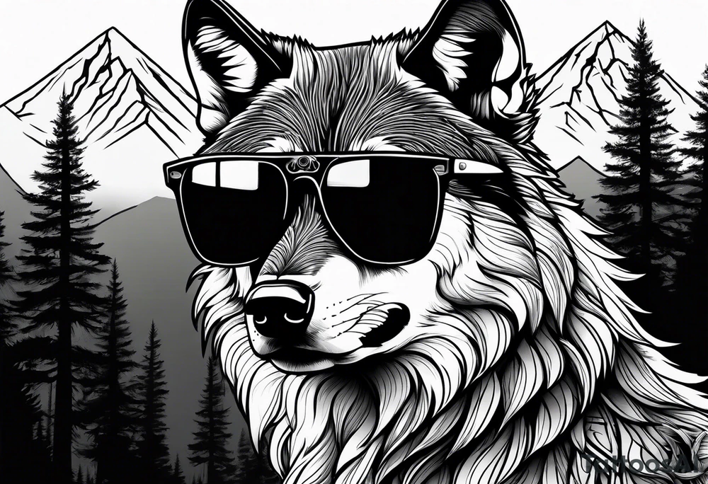 Badass wolf wearing sunglasses
Dark woods
Mountain peaks
Sunset tattoo idea