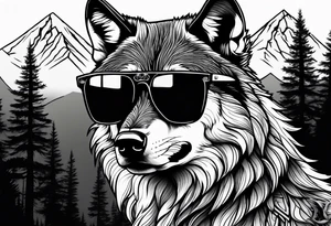 Badass wolf wearing sunglasses
Dark woods
Mountain peaks
Sunset tattoo idea