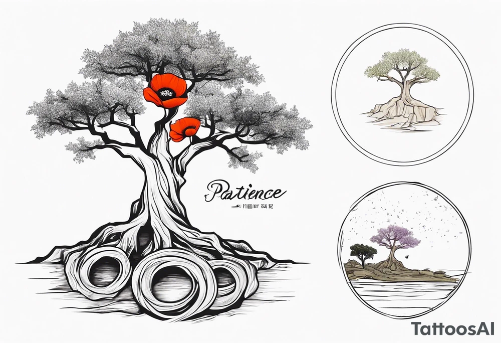 And olive tree with exposed roots, writing out “patience” in Korean, next to a tree stump with exposed rings, and a small Poppy flower growing out of the ground tattoo idea