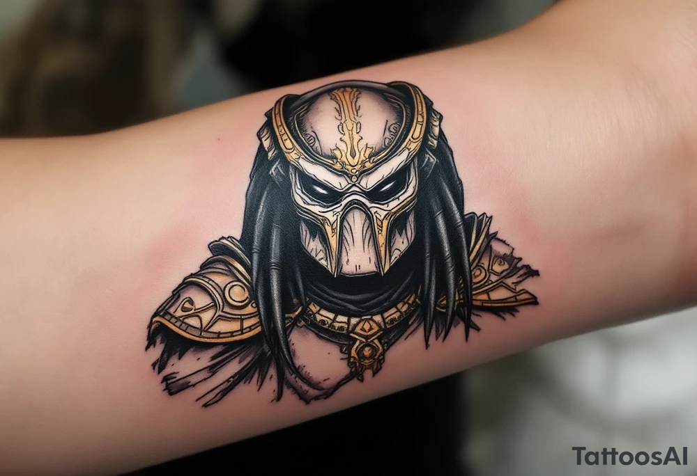 Ancient Elder Predator – A legendary leader of the Yautja race, with darkened, almost stone-like skin, ornate gold and silver armor, and a tattered ceremonial cape. Wears a highly decorated bio-mask passed down through generations. tattoo idea