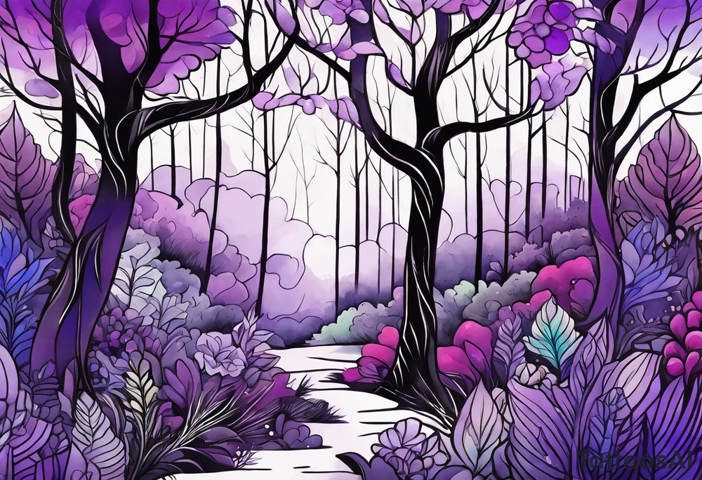 forest, lineswork, purple and black tattoo idea