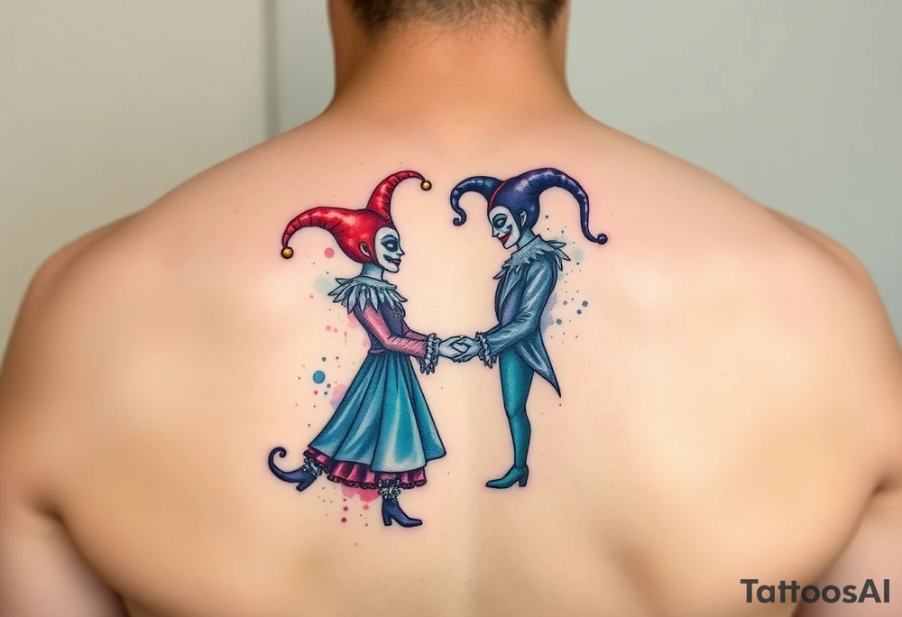 a toxic power jester couple holding each other tattoo idea