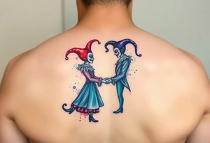 a toxic power jester couple holding each other tattoo idea