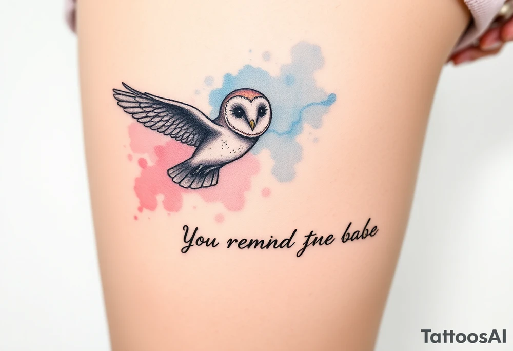 Small barn owl in flight with water color background and “You remind me of the babe” in script tattoo idea