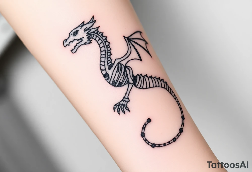 Tattoo for stardust dragon from yo gi oh 
A modern, minimalist approach using very thin black lines to outline the dragon's skeleton, surrounded by small geometric circles representing cosmic orbits or Synchro rings.
Key Feature: High precision and a clean, sophisticated look. tattoo idea