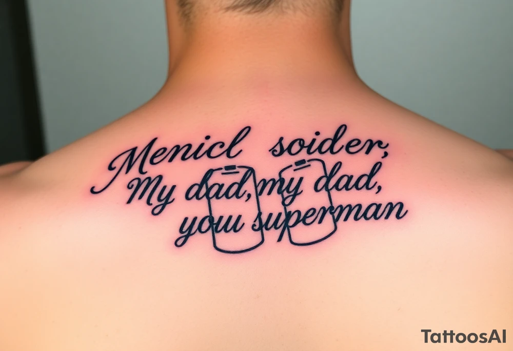 in pencil led draw "Marine soilder, my dad, my superman" inside military dogtags tattoo idea