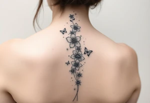 Flowers vertically down the spine surrounded by small butterflies and sparkles

Less flowers tattoo idea