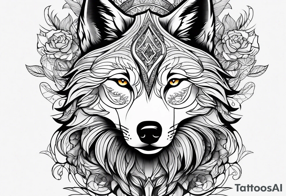 wolf's and woman's head split in half tattoo idea
