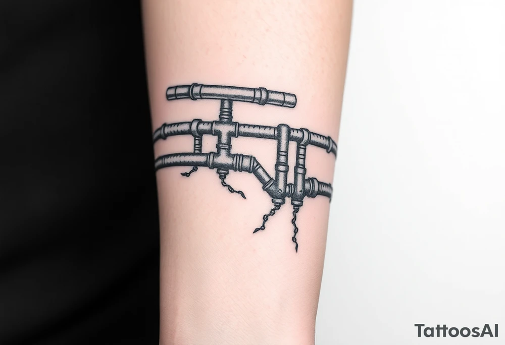 long System of pipes that transitions and transforms into veins of forearm. Top pipe starts closer to the elbow tattoo idea