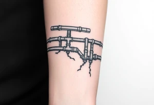 long System of pipes that transitions and transforms into veins of forearm. Top pipe starts closer to the elbow tattoo idea