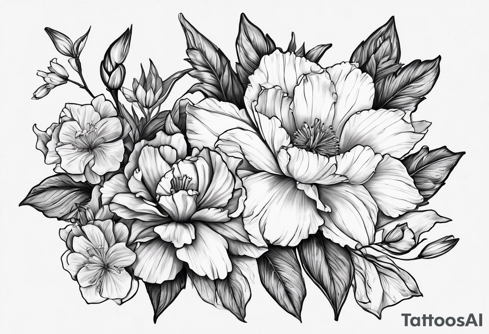 Carnation,rose,daffodil,waterlilly,gladiolus,morning glory,marigold,holly,daisy tattoo idea